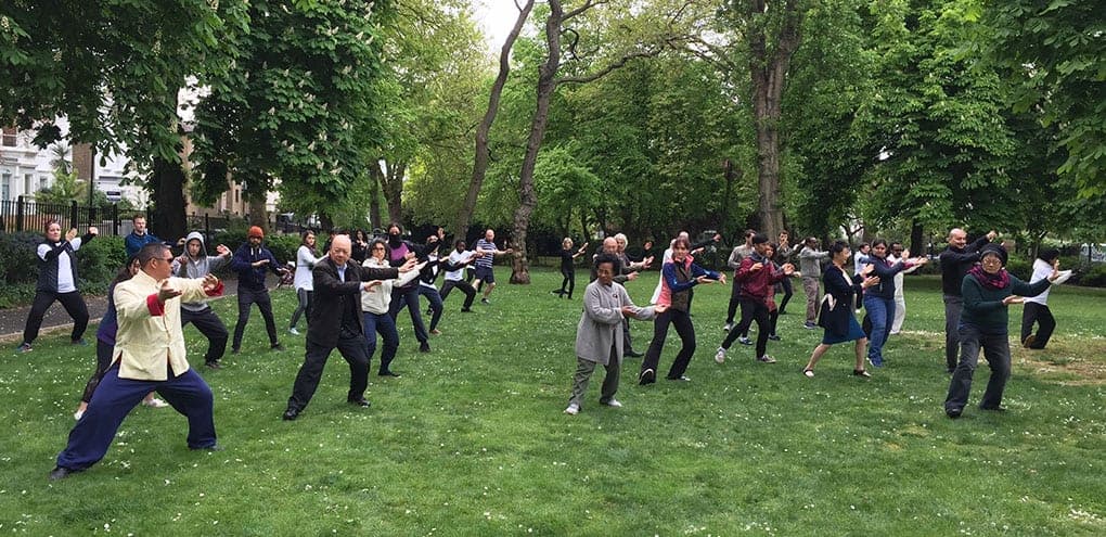 A large group practises Taiji on the grass of a tree-lined London square