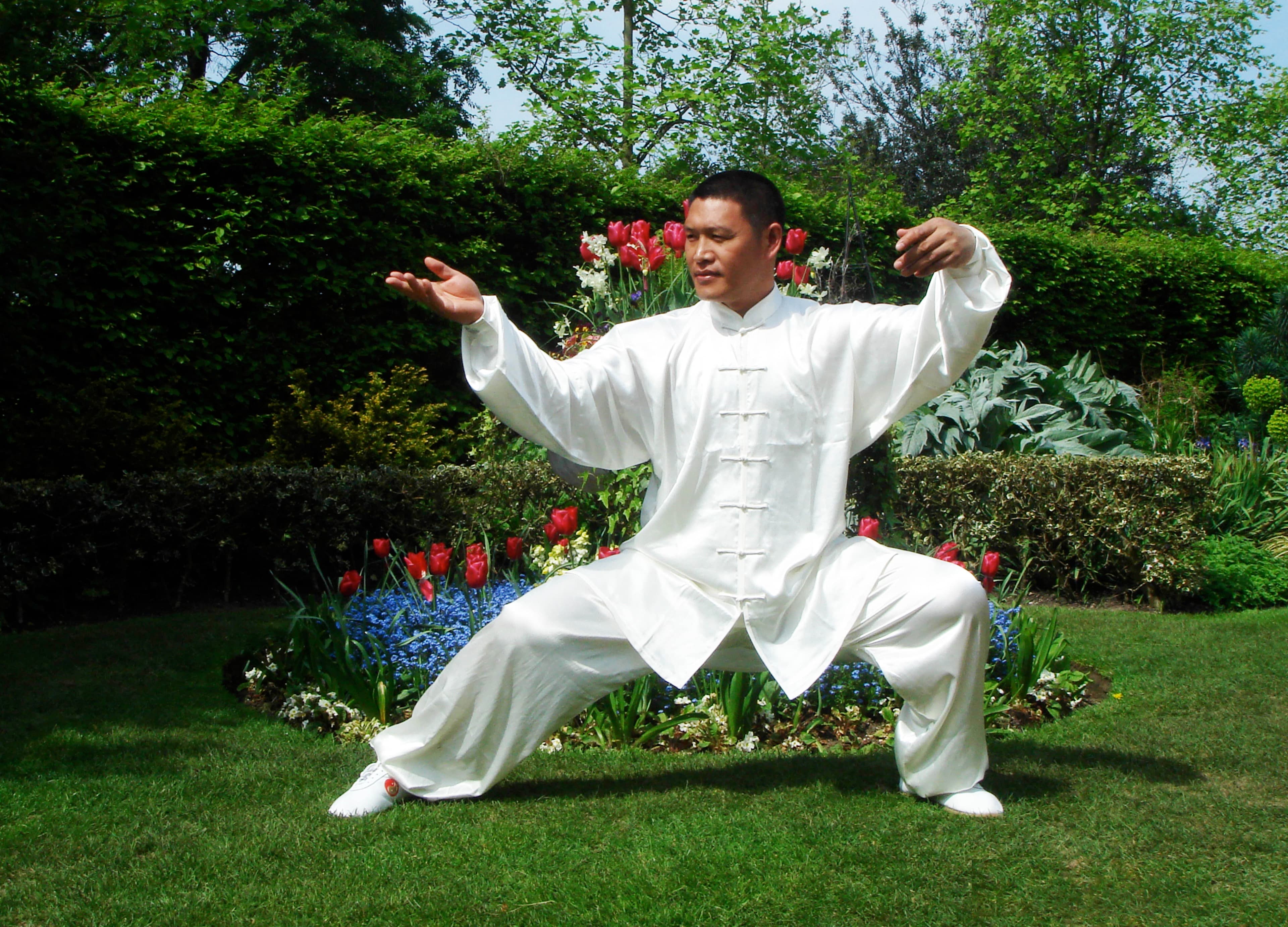 Master Liu performing Xinjia Yi Lu in a garden in white silk uniform