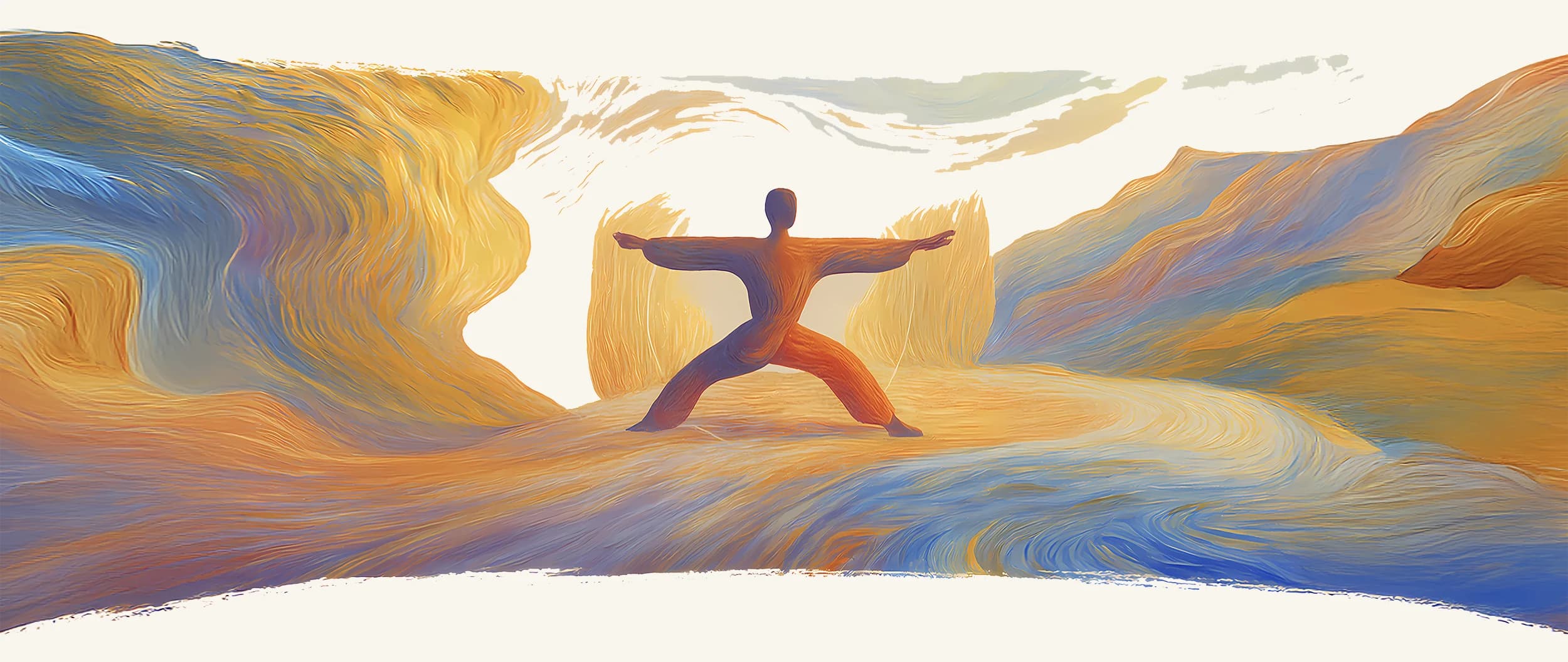 Painted illustration of a figure standing in a wide Qigong stance amid flowing orange, gold and blue brushstrokes