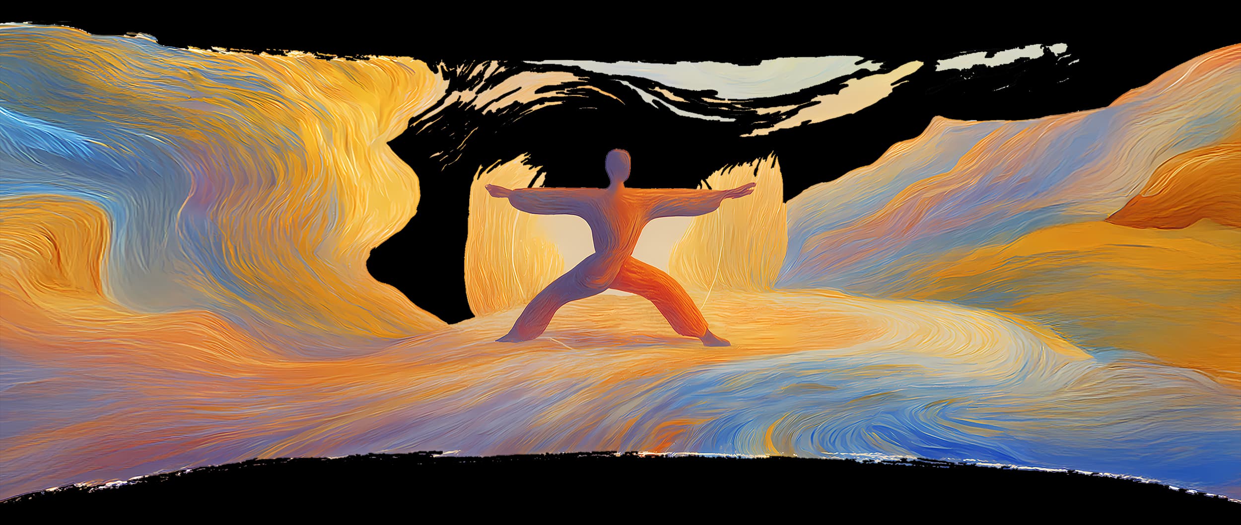Painted illustration of a figure standing in a wide Qigong stance amid flowing orange, gold and blue brushstrokes