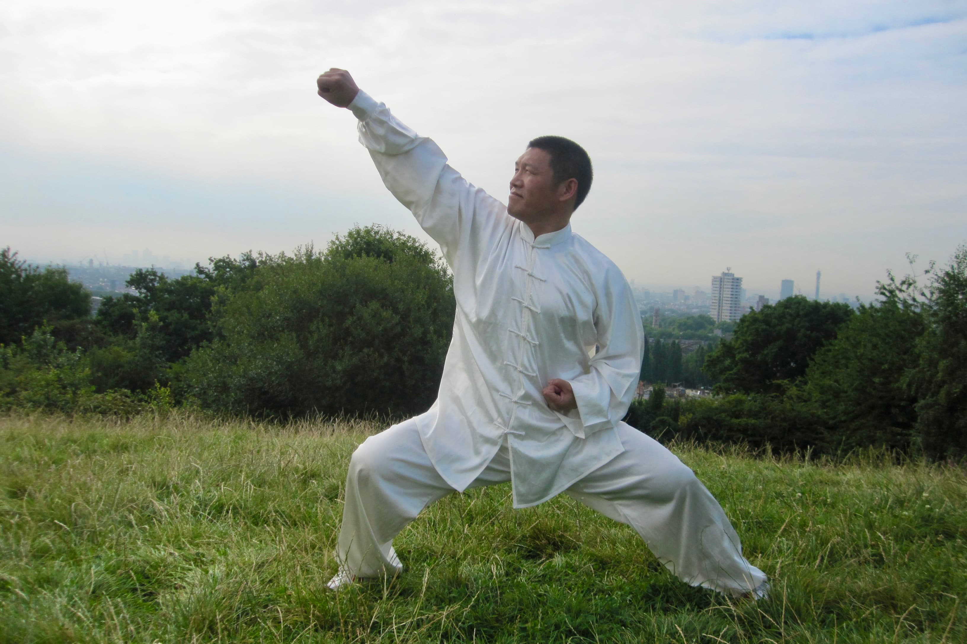 Shifu Liu performing Xinjia on Hampstead Heath, London skyline behind, 2011