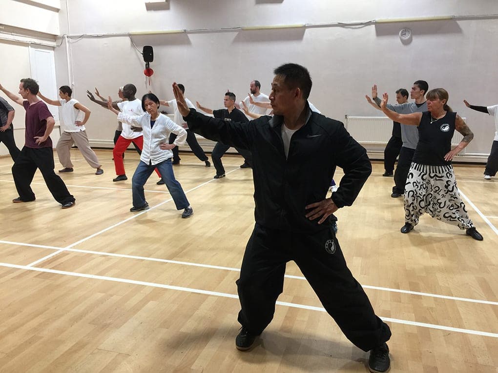 The teacher in a wide low stance, hand on hip and arm extended, with the class following behind him