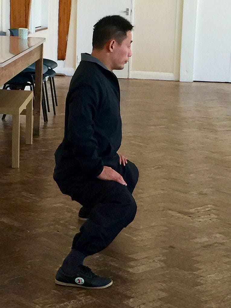 A man in a black tracksuit holds a very deep horse stance, seen side-on, hands resting on his thighs