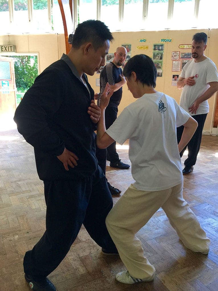 A teacher in a dark tracksuit guides a student in white through a push hands movement, both in low stances