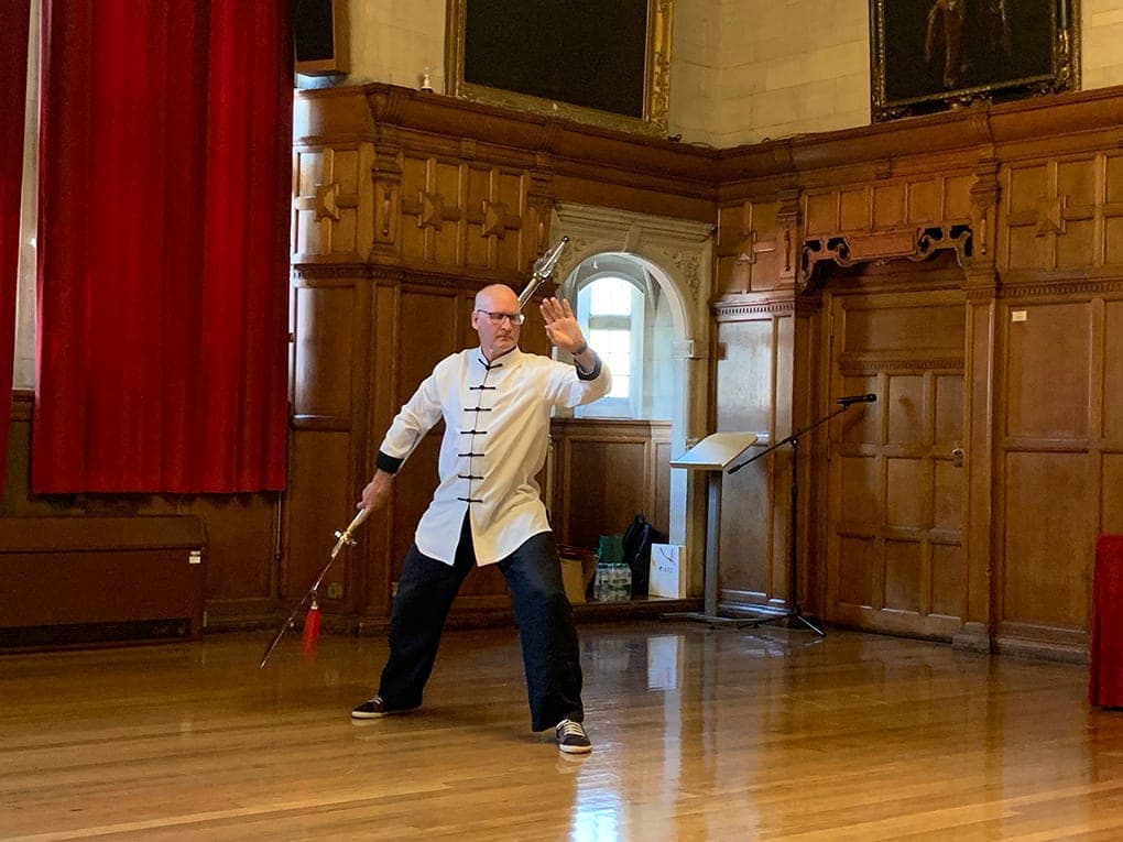Phil performing the Chen halberd form in Oxford Town Hall