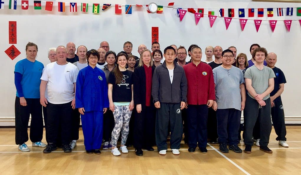 Group photo of the Push Hands workshop in a sports hall under flag bunting