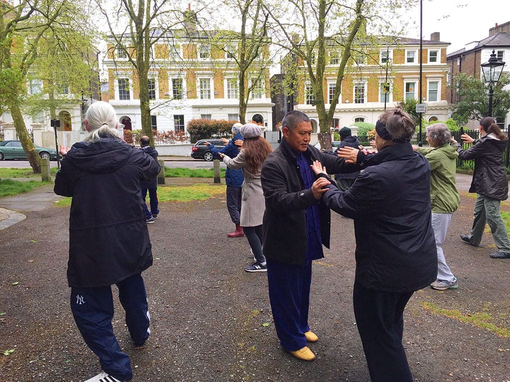Shifu Liu adjusts a student's arms while others practise behind them, with white-stuccoed houses in the background